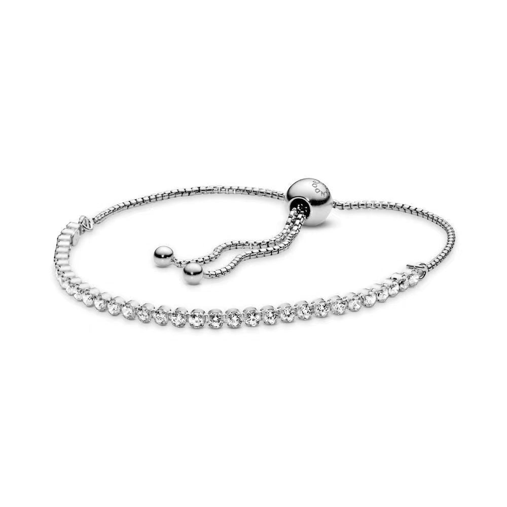 S925 Sterling Silver Pave Gang Drill Stretchable Adjustable Bracelet - S925 Sterling Silver Pave Adjustable Bracelet