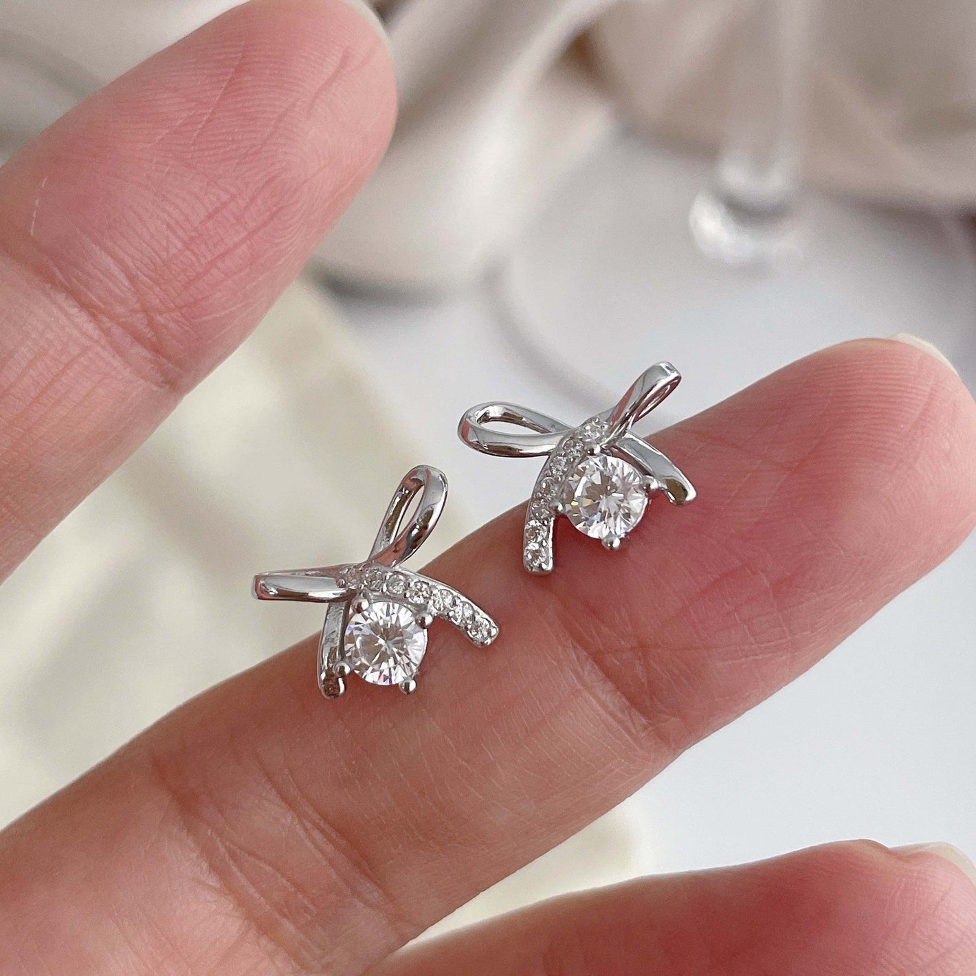 Sterling Silver Earrings with White Gold Electroplating for Women - Bows Your Ears S925 s925 sterling silver