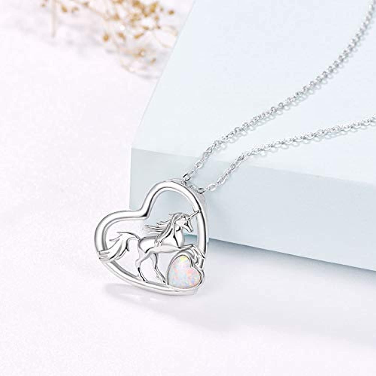 S925 Sterling Silver Unicorn Pendant Opal Heart Necklace Animal Jewelry - Sparkle Like a Unicorn with Sterling Silver