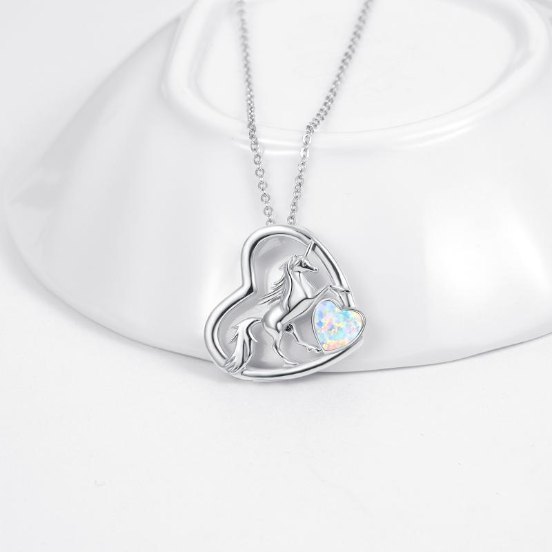 S925 Sterling Silver Unicorn Pendant Opal Heart Necklace Animal Jewelry - Sparkle Like a Unicorn with Sterling Silver