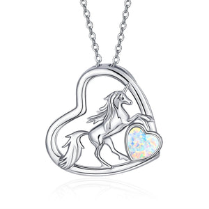 S925 Sterling Silver Unicorn Pendant Opal Heart Necklace Animal Jewelry - Sparkle Like a Unicorn with Sterling Silver