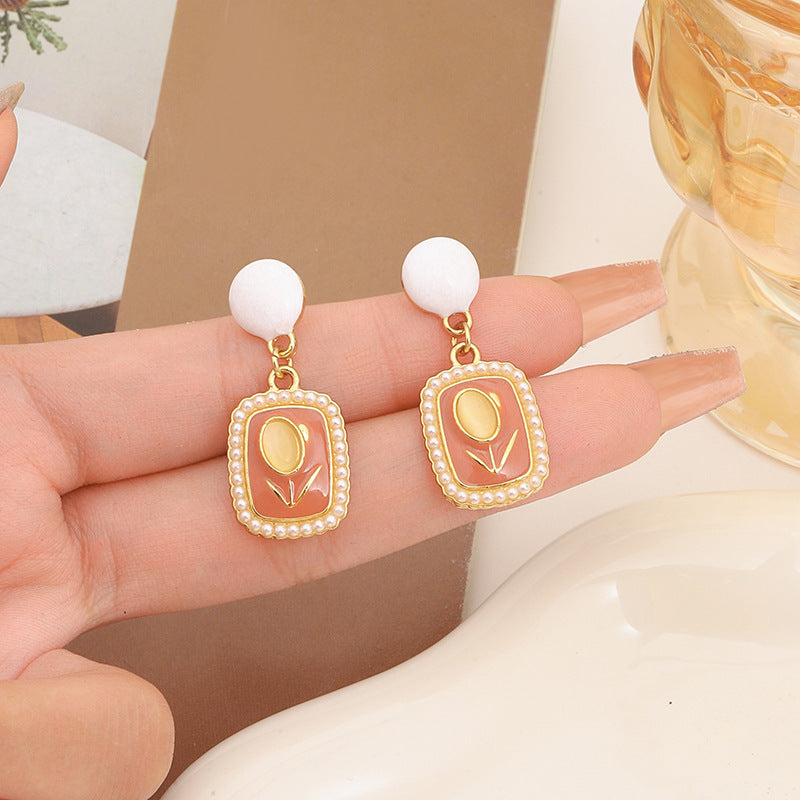 S925 Tulip Opal Stone Ear Studs Cube Sugar Pearl French Vintage Earrings Cream Color - Tulip Opal Studs Sweet Enough