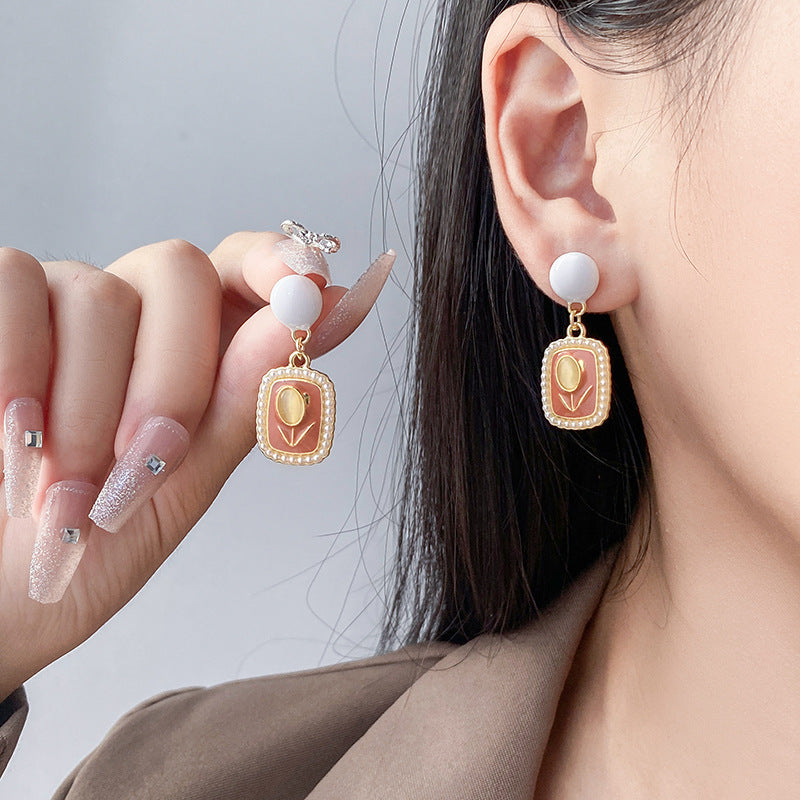 S925 Tulip Opal Stone Ear Studs Cube Sugar Pearl French Vintage Earrings Cream Color - Tulip Opal Studs Sweet Enough