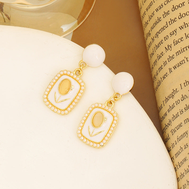 S925 Tulip Opal Stone Ear Studs Cube Sugar Pearl French Vintage Earrings Cream Color - Tulip Opal Studs Sweet Enough