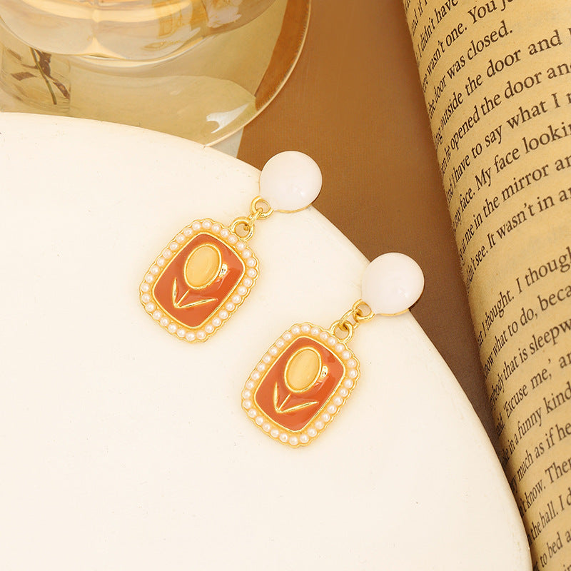 S925 Tulip Opal Stone Ear Studs Cube Sugar Pearl French Vintage Earrings Cream Color - Tulip Opal Studs Sweet Enough