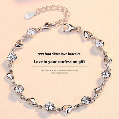 S999 Pure Silver Love Heart Simple Personality Mori Style Student Couples Bracelet - S999 Pure Silver Love Heart Mori