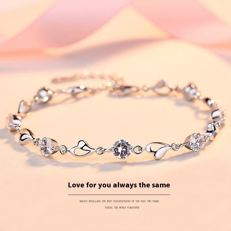 S999 Pure Silver Love Heart Simple Personality Mori Style Student Couples Bracelet - S999 Pure Silver Love Heart Mori