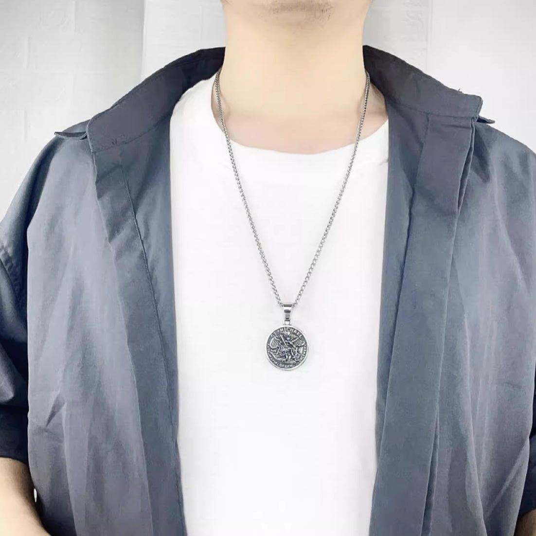 Saint Michael Archangel Coin Pendant in Titanium Steel with Chain - Keel saint michael archangel coin pendant