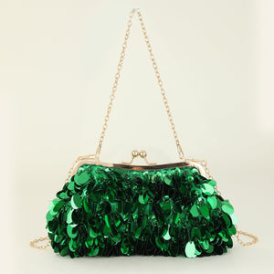 Sequin Short Chain Crossbody Bag with Satin Lining and Plastic Frame - short chain