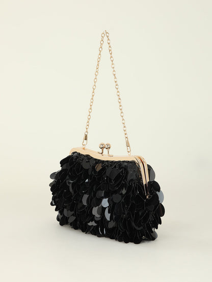 Sequin Short Chain Crossbody Bag with Satin Lining and Plastic Frame - short chain