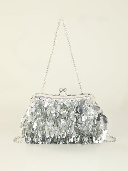 Sequin Short Chain Crossbody Bag with Satin Lining and Plastic Frame - short chain