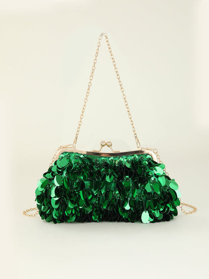 Sequin Short Chain Crossbody Bag with Satin Lining and Plastic Frame - short chain
