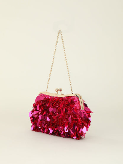 Sequin Short Chain Crossbody Bag with Satin Lining and Plastic Frame - short chain