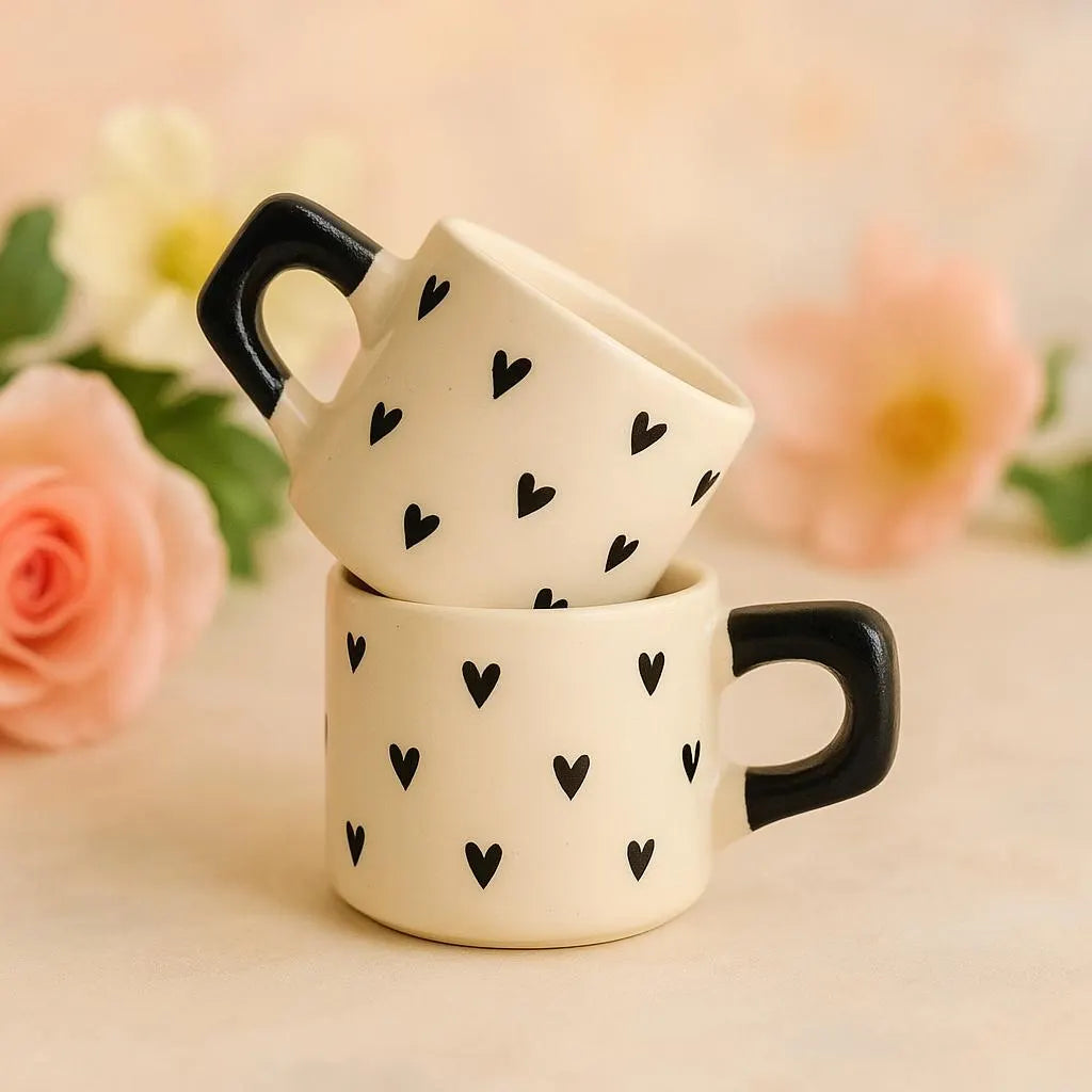 Set of 2 Handmade Ceramic Mugs with Black Heart Design for Elegant Coffee Moments - handmade ceramic mugs black heart