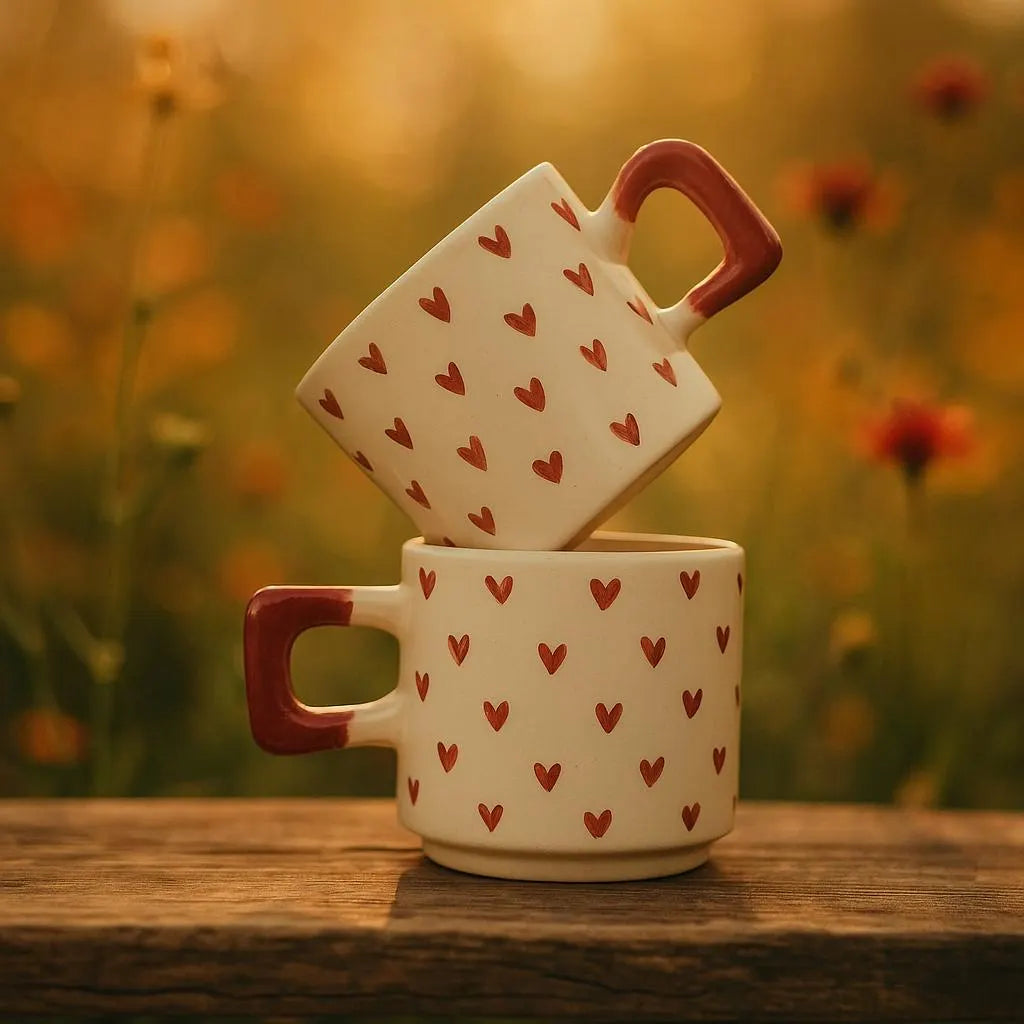 Set of 2 Handmade Ceramic Mugs with Red Heart Patterns for Valentine’s Day - handmade ceramic mugs red heart patterns