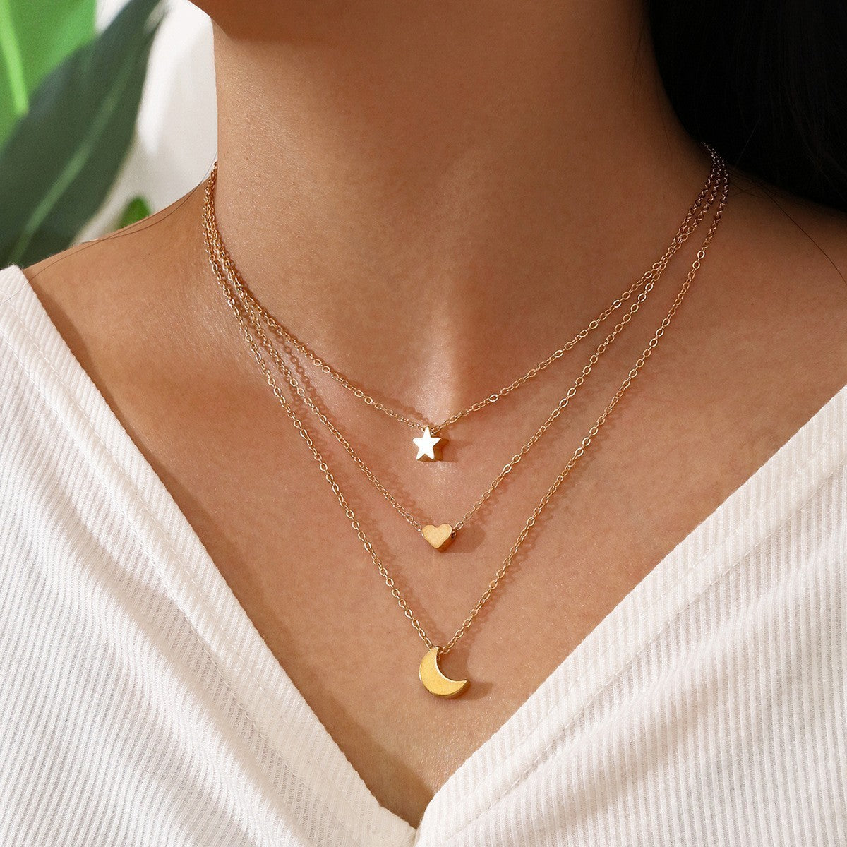 Moon Love Pendant Necklace with Star and Heart Design in Silver or Gold - Shang Multi-layer star moon love pendant