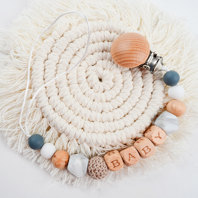 Silicone Pacifier Clip for Babies 0-3 Years Beech Wood and Wool Crochet - beech pacifier clip silicone wool crochet