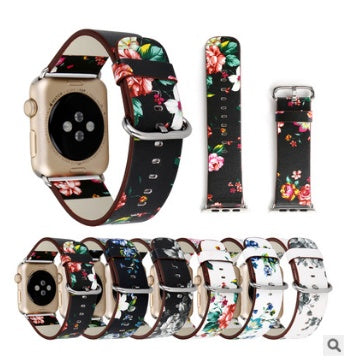 Silk-printed Floral Leather Strap Chinoiserie - Silk Printed Floral Leather Strap Watch Bands