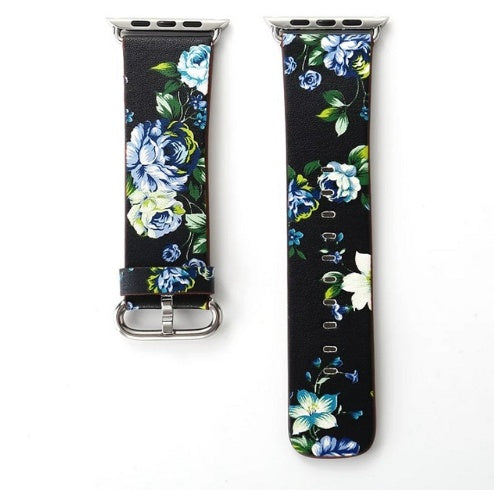 Silk-printed Floral Leather Strap Chinoiserie - Silk Printed Floral Leather Strap Watch Bands