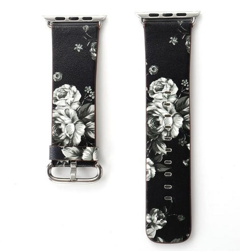 Silk-printed Floral Leather Strap Chinoiserie - Silk Printed Floral Leather Strap Watch Bands