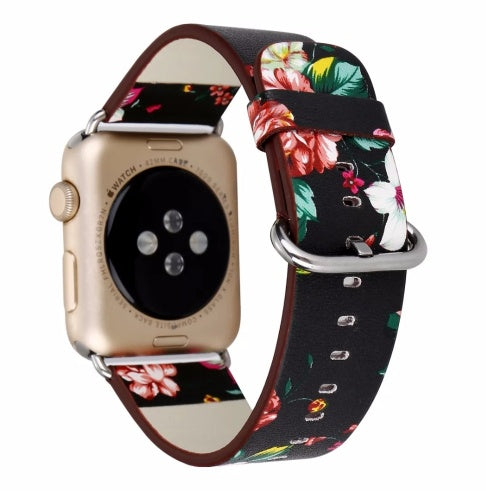 Silk-printed Floral Leather Strap Chinoiserie - Silk Printed Floral Leather Strap Watch Bands