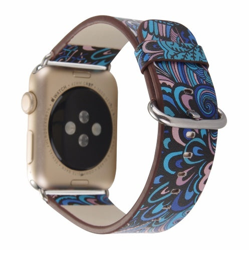 Silk-printed Floral Leather Strap Chinoiserie - Silk Printed Floral Leather Strap Watch Bands