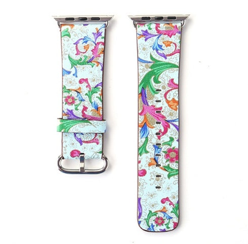 Silk-printed Floral Leather Strap Chinoiserie - Silk Printed Floral Leather Strap Watch Bands