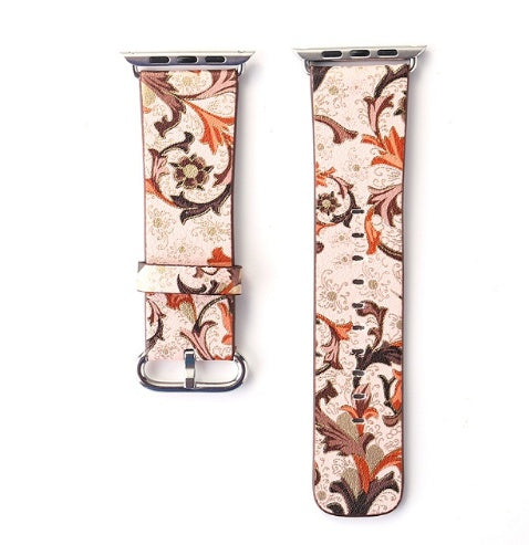 Silk-printed Floral Leather Strap Chinoiserie - Silk Printed Floral Leather Strap Watch Bands