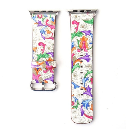 Silk-printed Floral Leather Strap Chinoiserie - Silk Printed Floral Leather Strap Watch Bands