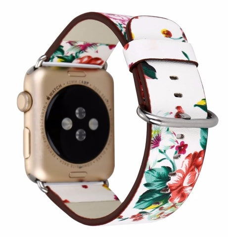 Silk-printed Floral Leather Strap Chinoiserie - Silk Printed Floral Leather Strap Watch Bands