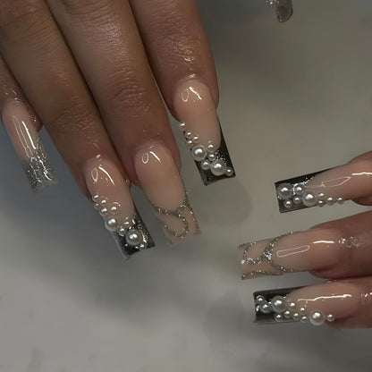 Silver French Manicure with Super Long Pearl Glitter for Elegant Nails - super long pearl glitter silver french manicure