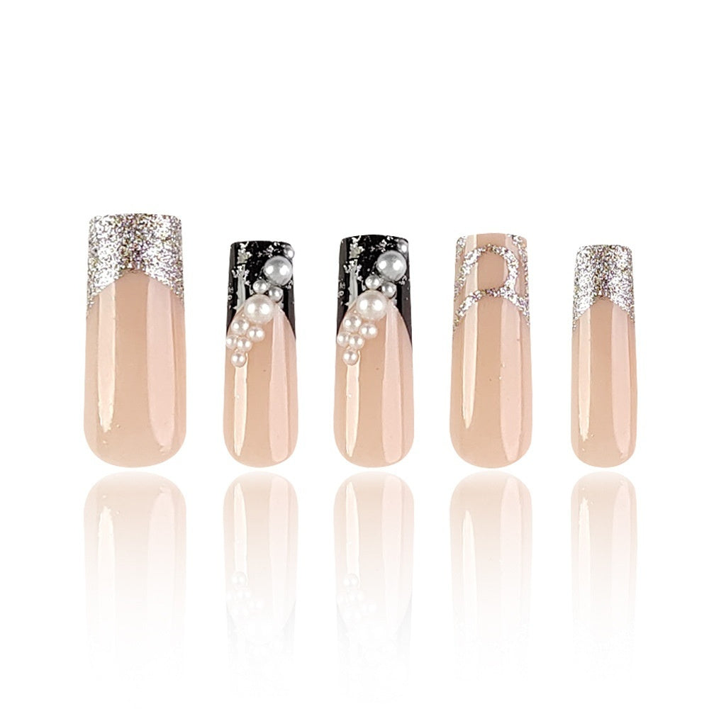 Silver French Manicure with Super Long Pearl Glitter for Elegant Nails - super long pearl glitter silver french manicure