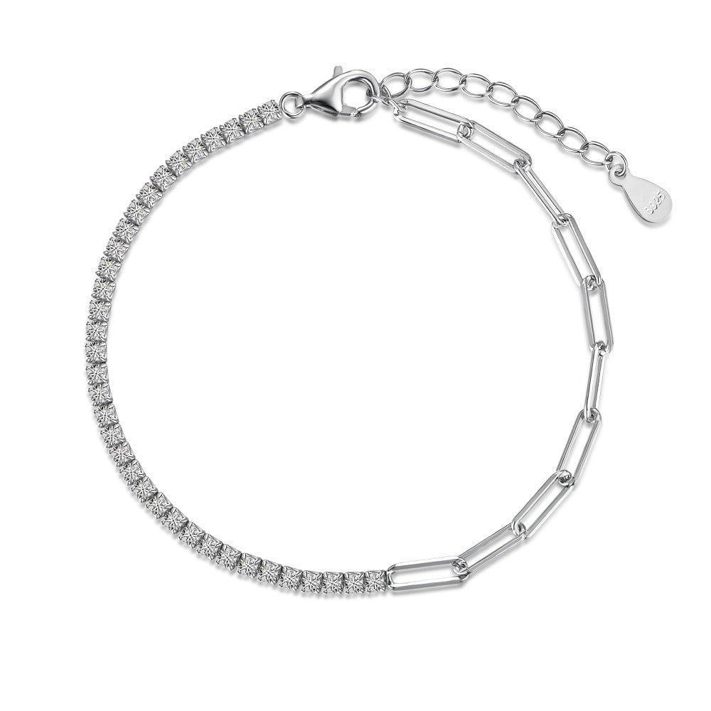 Silver S925 White Round Zirconium Inlaid Tennis Chain Clip Double Design Simple Fashion Bracelet - Silver S925 Tennis