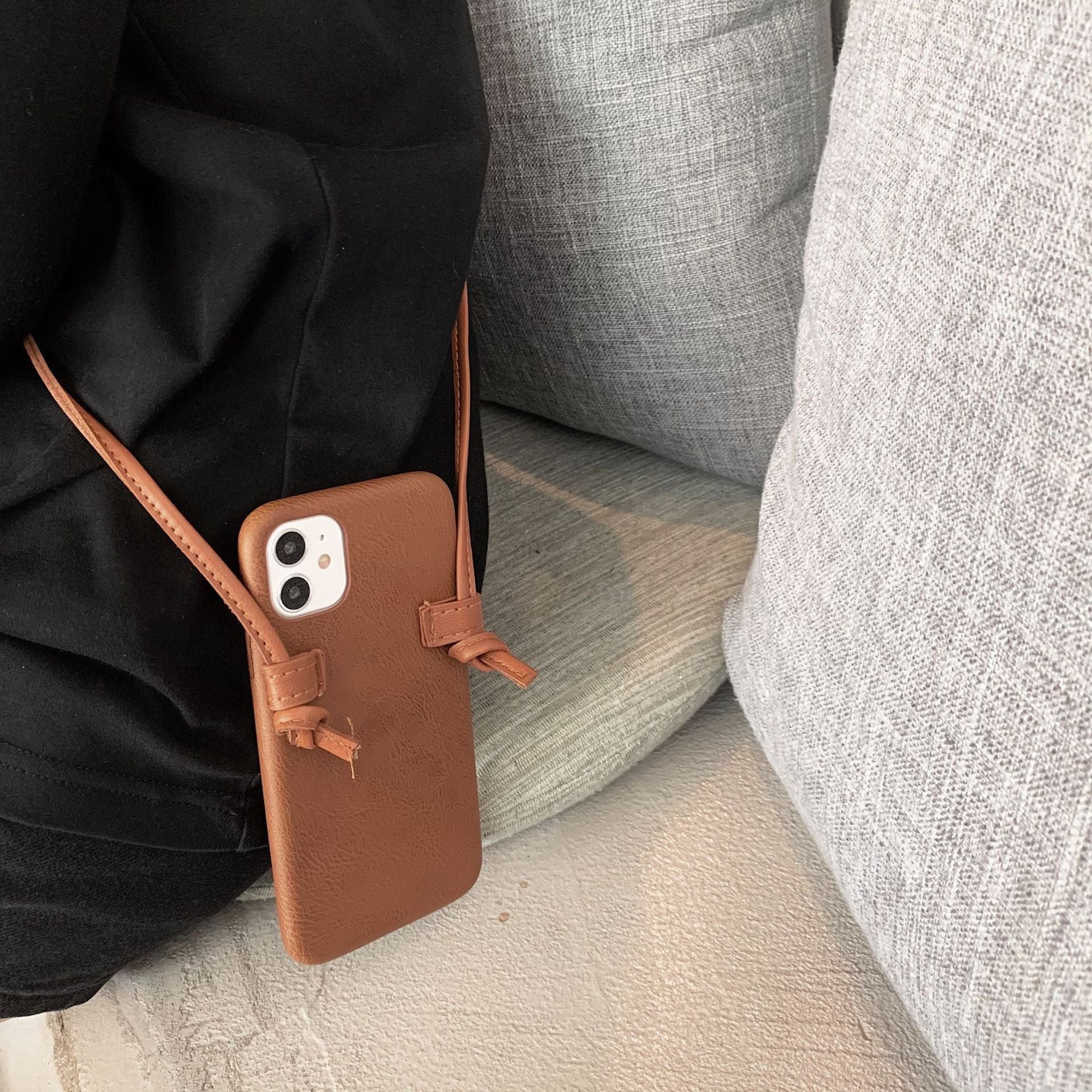 Simple Brown Leather Messenger Phone Case - Simple Brown Leather Phone Case with Diagonal Lanyard