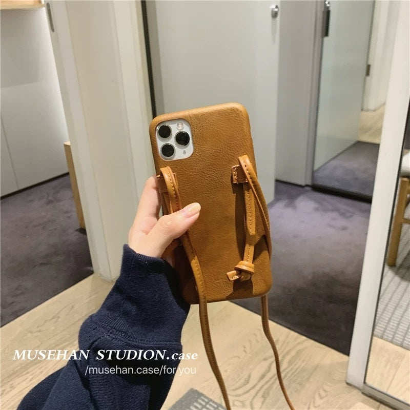 Simple Brown Leather Phone Case for iPhone 7 8 X XS XR 11 12 Max - with Diagonal Lanyard simple brown leather phone case
