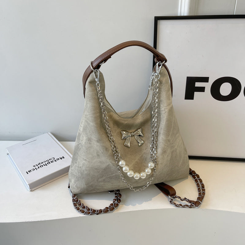Simple Casual Shoulder Bag for Women in Beige Denim Blue Black with Pendant - Teleplus simple casual shoulder bag niche