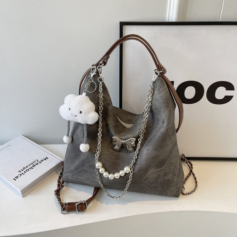 Simple Casual Shoulder Bag for Women in Beige Denim Blue Black with Pendant - Teleplus simple casual shoulder bag niche