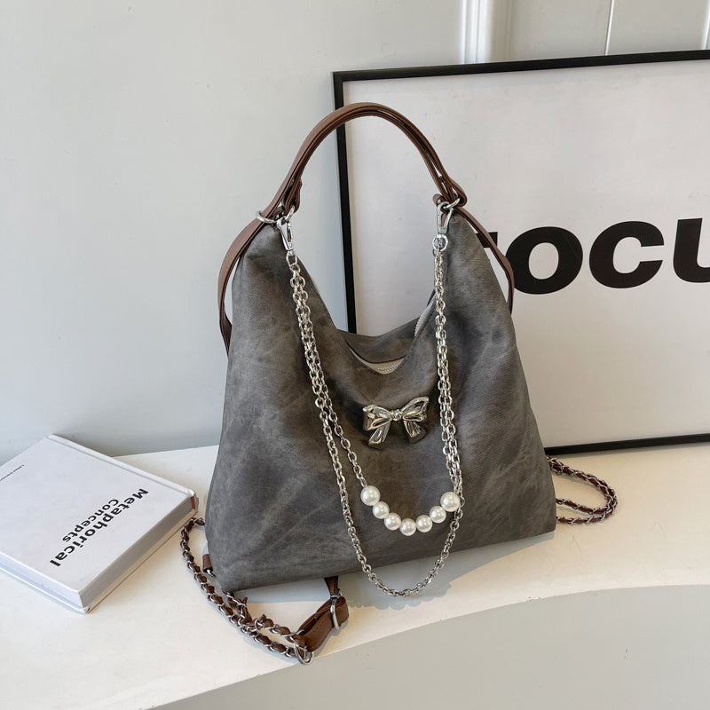 Simple Casual Shoulder Bag for Women in Beige Denim Blue Black with Pendant - Teleplus simple casual shoulder bag niche
