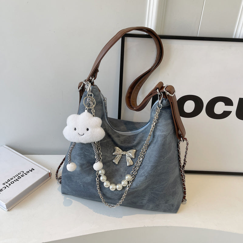 Simple Casual Shoulder Bag for Women in Beige Denim Blue Black with Pendant - Teleplus simple casual shoulder bag niche