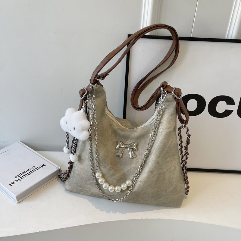 Simple Casual Shoulder Bag for Women in Beige Denim Blue Black with Pendant - Teleplus simple casual shoulder bag niche