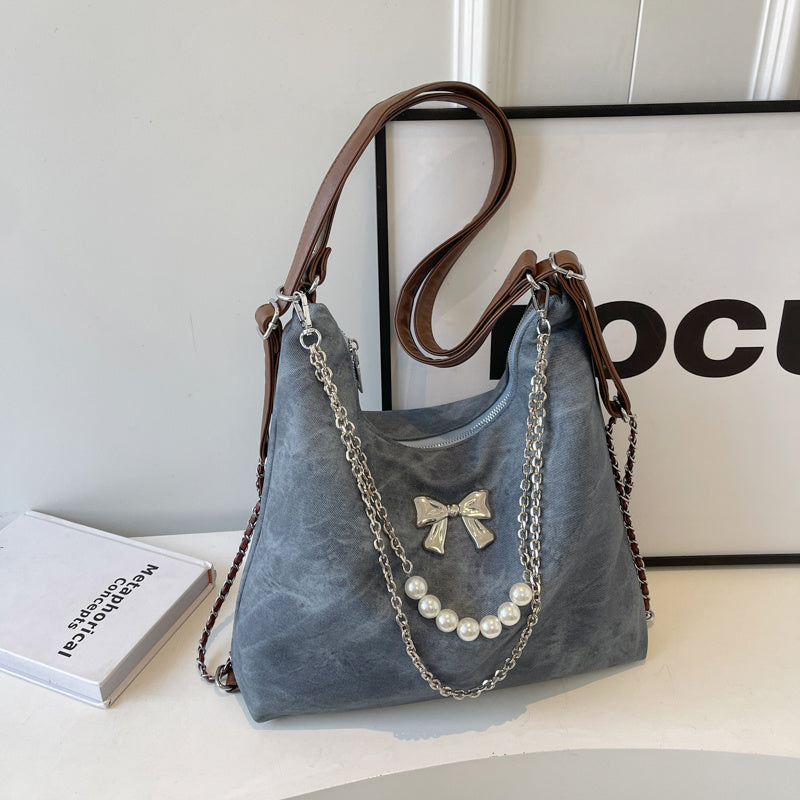 Simple Casual Shoulder Bag for Women in Beige Denim Blue Black with Pendant - Teleplus simple casual shoulder bag niche