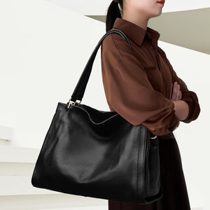 Simple Cowhide Leather Bag with Multiple Compartments and Adjustable Shoulder Strap - simple cowhide leather
