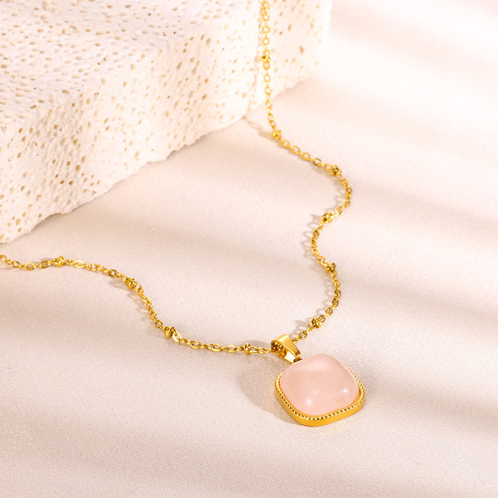 Light Luxury Square Titanium Steel Necklace with Gold Plating and Natural Stone - square titanium steel necklace light