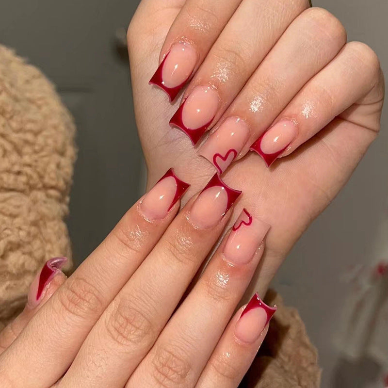 Simple Wine Red Square Fake Nails for French Nail Art - simple wine red french square fake nails