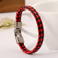 Leather Fashion Bracelet with Mosaic Design in Black Orange and Red - Simple Woven Actual Product simple woven leather