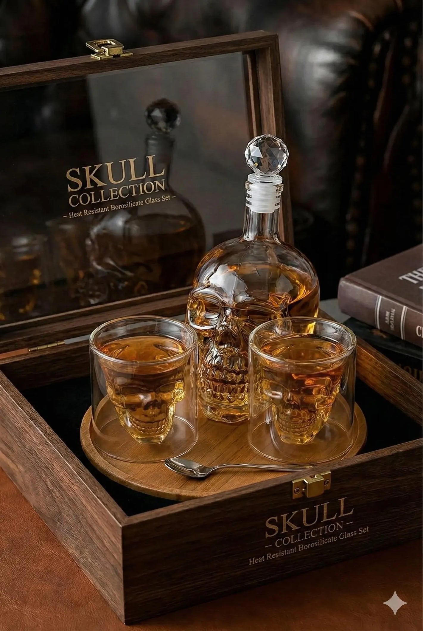 Skull Whiskey Decanter Set in Heat-Resistant Borosilicate Glass for Home Bar - skull whiskey decanter set