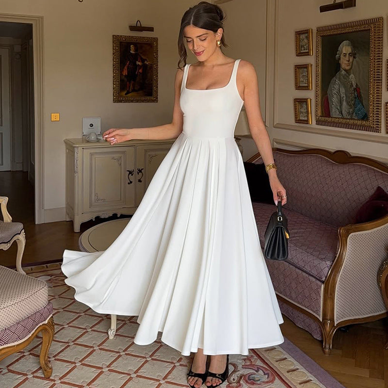 Sleeveless High Waist Midi Dress Milky White Black Blue Polyester S M L