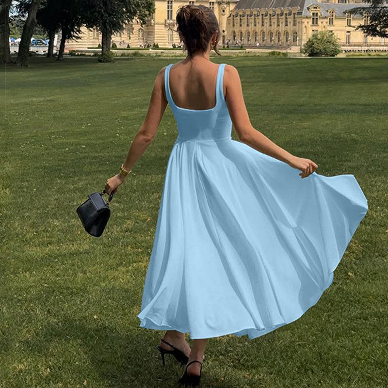 Sleeveless High Waist Midi Dress Milky White Black Blue Polyester S M L