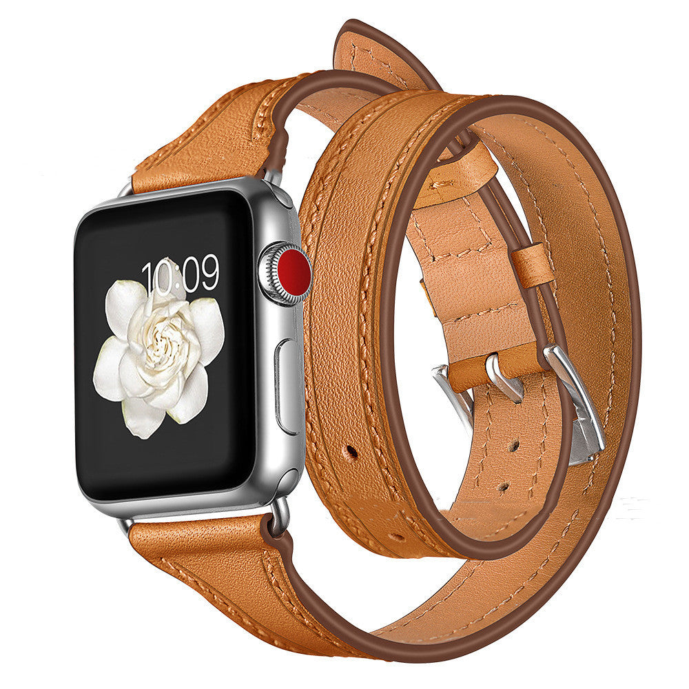 Slim Double Circle Top Layer Leather Cowhide Watch Strap - Slim Double Circle Brown Leather Watch Strap