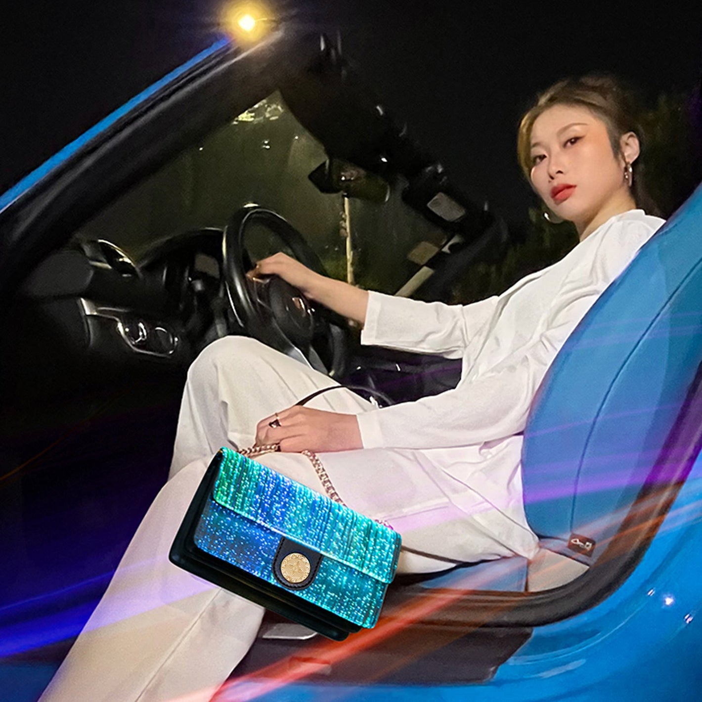 Small Square Bag with Optical Fiber Leather and Luminescent Design - Teleplus optical fiber leather luminous small